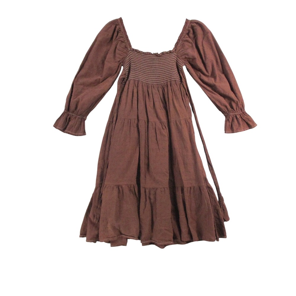 R. Vivimos Brown Swiss Dot Smocked Tiered Midi Dress Womens XL Cottagecore Boho